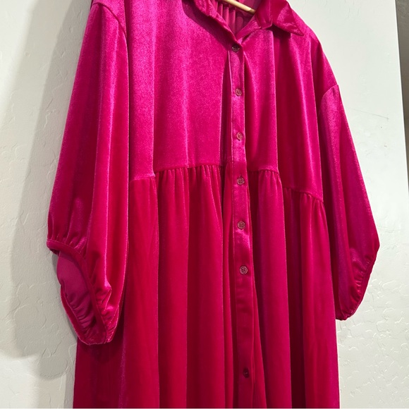Plus Size Hot Pink Fuchsia Velvet Button Down Babydoll Tunic Top 2X Holiday - Picture 4 of 8